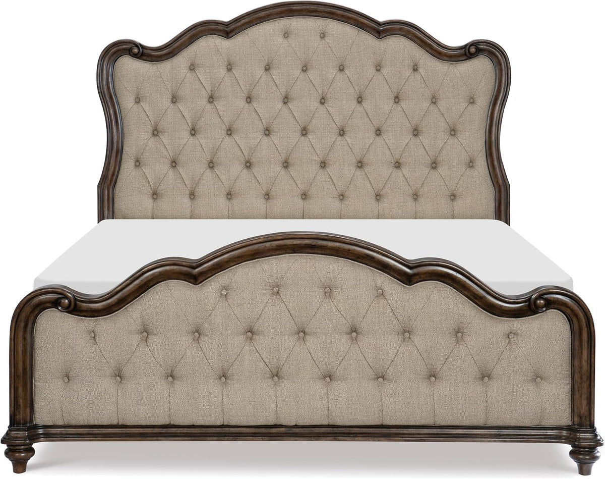vintage-brown-oak-finish-formal-king-bed-1pc-traditional-bedroom-furniture-button-tufted-routed-edges
