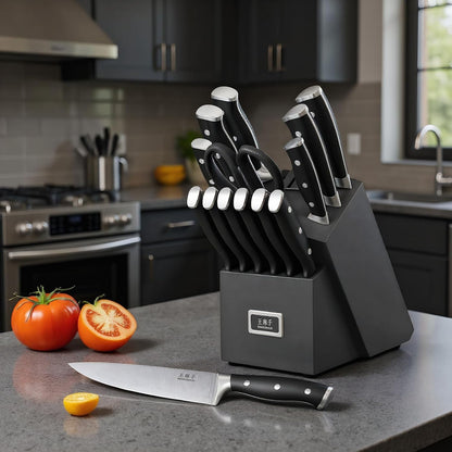 15‑Pcs Knife Block Set, High Carbon Steel, Black Pro | Built‑In Sharpener, Dishwasher‑Safe Knives, Full‑Tang Triple‑Rivet, Varnished Hardwood Block for Improved Moisture Resistance4