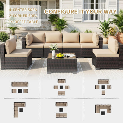 7 Pieces Outdoor Patio Furniture Sets,Rattan Conversation Sectional Set,Manual Weaving Wicker Patio Sofa with Tea Table2