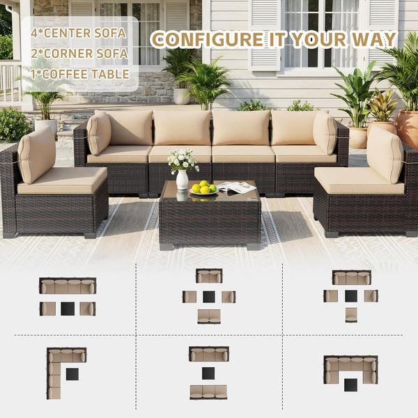 7 Pieces Outdoor Patio Furniture Sets,Rattan Conversation Sectional Set,Manual Weaving Wicker Patio Sofa with Tea Table2
