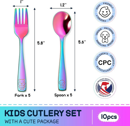 10 Pack Toddler Utensils, Stainless Steel Rainbow Silverware Set for Kids, Children Safe Cutlery Set Includes Forks and Spoons - Dishwasher Safe2