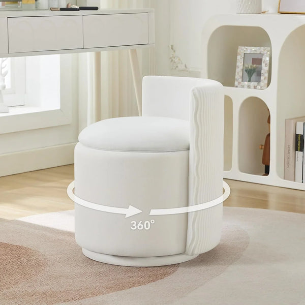 Velvet Vanity Chair with Storage, 360° Swivel Makeup Chair with Wave Back, No Assembly Small Accent Stool for Bedroom, Dressing, Living Room, White1