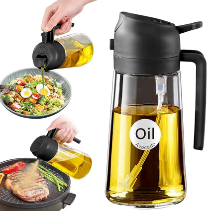 16 Oz 2-In-1 Glass Olive Oil Sprayer for Cooking, Black | Food-Grade Dispenser Bottle, 470 Ml, Spray and Pour, Portion Control, Stickers Included, for Salad, Frying and BBQ1