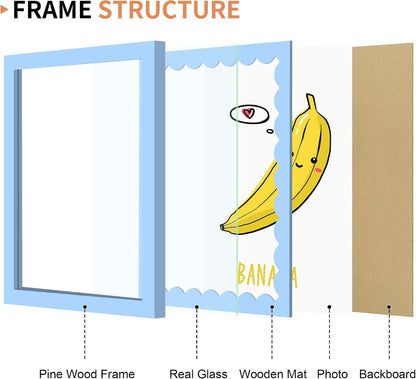 8X10 Picture Frame with Real Glass, Colorful Solid Wood Photo Frames with Wavy Mat for Tabletop and Wall Hanging, Blue, 1 Pack3