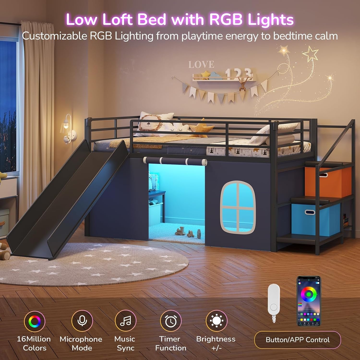 twin-low-loft-bed-with-slide-and-safety-staircase-2-storage-drawers-kids-twin-size-loft-bed-with-led-lights-under-bed-play-tent-built-in-desk-metal-loft-bed-with-safety-guardrail-black-and-blue