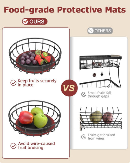 2 Tier Modern Fruit Basket for Kitchen Counter with 2 Banana Hook | Space-Saving Vertical Storage for Veggies, Bread, Snacks, Fits under Cabinets, Includes Protective Mats to Prevent Bruising6