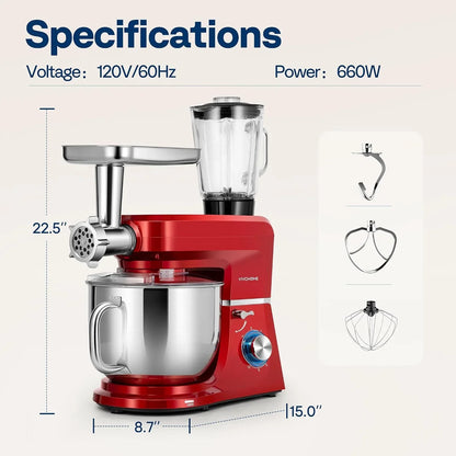 6-In-1 Stand Mixer, 8.5-Quart Tilt-Head Mixer, 10 Speeds, Red | Meat Grinder & Glass Blender Jar, Pasta Maker & Slicer, Stainless Steel Bowl, Dough Hook, Beater, Whisk, Splash Guard7