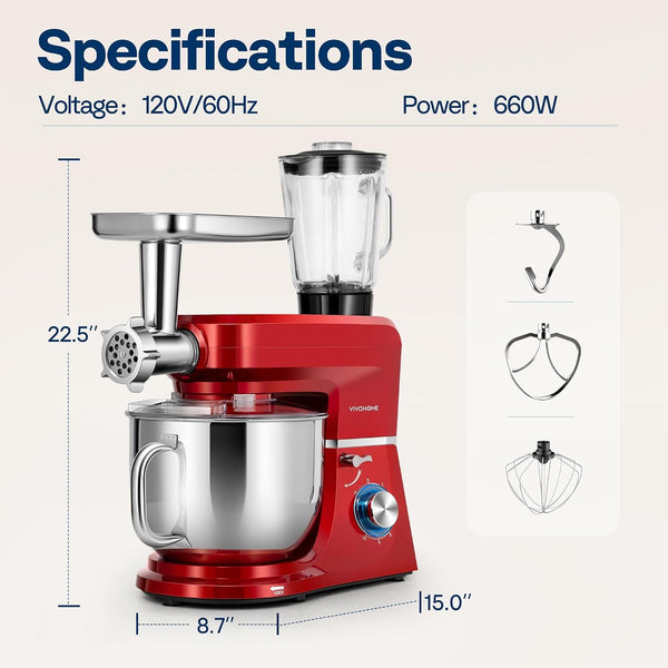 6-In-1 Stand Mixer, 8.5-Quart Tilt-Head Mixer, 10 Speeds, Red | Meat Grinder & Glass Blender Jar, Pasta Maker & Slicer, Stainless Steel Bowl, Dough Hook, Beater, Whisk, Splash Guard7