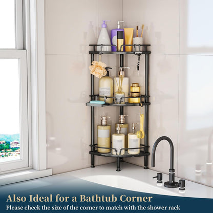 Corner Shower Caddy Stand - 3 Tier Shower Organizer with Soap Holder, Tall Floor Corner Shelves Standing with Adjustable Feet & 4 Hooks, Storage Rack for Bathroom Black7