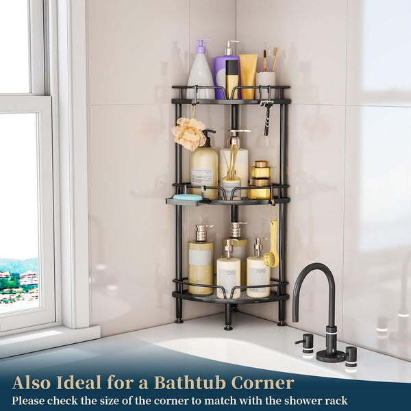 Corner Shower Caddy Stand - 3 Tier Shower Organizer with Soap Holder, Tall Floor Corner Shelves Standing with Adjustable Feet & 4 Hooks, Storage Rack for Bathroom Black7