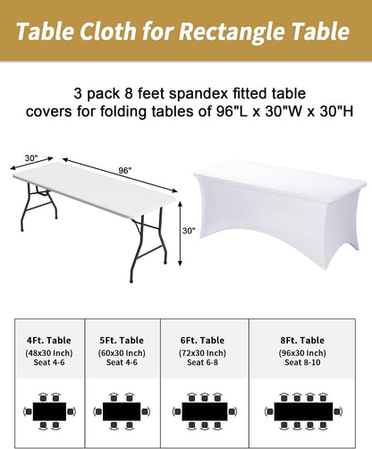 3 Pack 8FT White Tablecloth Rectangle Spandex Fitted Table Cover3