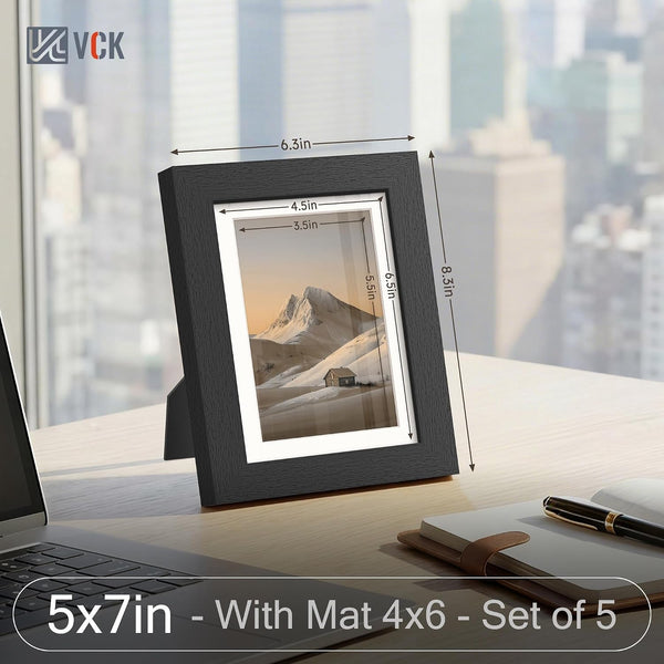 5X7 Picture Frames 5 Pack, Black Wood, 4X6 Mat, Glass, for Photo Print2