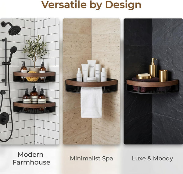 2-Pack Corner Shower Caddy with Walnut Wooden Shelf, Wall Mounted Bathroom Organizer, Matte Black Aluminum Alloy Storage Rack for Toilet, Dorm and Kitchen3