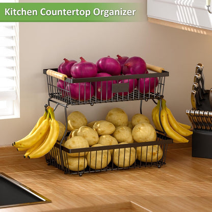 2 Tier Fruit Basket for Kitchen Counter with 2 Banana Hangers, Countertop Metal Bread Basket with Wooden Handle, Large Storage Stand for Vegetables, Snacks, Eggs, Produce Storage – Black6