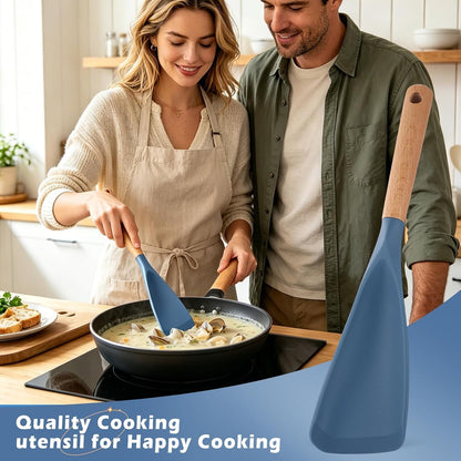 Cooking Spoon for Nonstick Cookwares, Multifunction Spatula Spoon, Great for Both Cooking and Serving, Wood Handle Spoon for Stirring, Mixing, Serving (2, BLUE)6