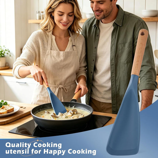 Cooking Spoon for Nonstick Cookwares, Multifunction Spatula Spoon, Great for Both Cooking and Serving, Wood Handle Spoon for Stirring, Mixing, Serving (2, BLUE)6