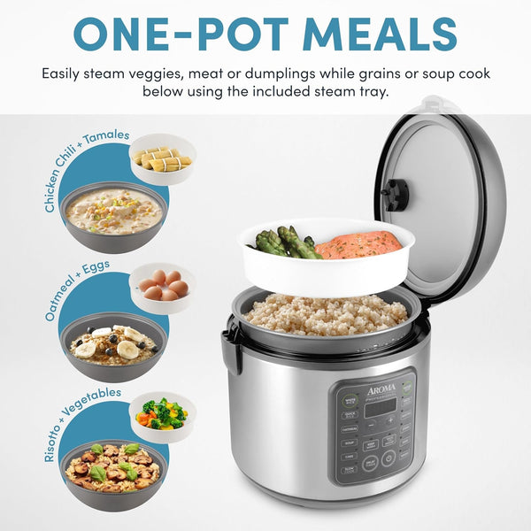 Professional Digital Rice Cooker, 10-Cup (Uncooked) / 20-Cup (Cooked), Multicooker, Slow Cooker, Steamer, Oatmeal Cooker, Egg Cooker, STS, 5 Qt, Gray, ARC-5200SG3