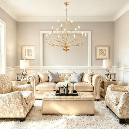 Brass Gold Chandelier, 15-Light Vintage Large Candle Style Chandelier Lighting, 37.4" Modern Farmhouse Dining Room Chandelier Light Fixture for Living Room Foyer Entryway High Ceiling Staircase2