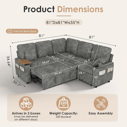 81'' Modular Sectional Sofa with Pull Out Bed, 5-Seater L Shaped Sleeper Sofa with Adjustable Backrest | Side Table | USB Charging Ports, Sectional Couches for Living Room(Chenille, Grey)2