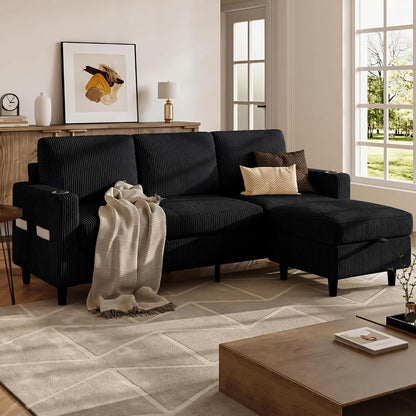 Convertible Sectional Couches for Living Room, 3 Seats L Shaped Sofa with Storage Ottoman & 2 Cup Holders, Modern Corduroy Couch Small Sofas for Small Space, Apartment, Office, Black1