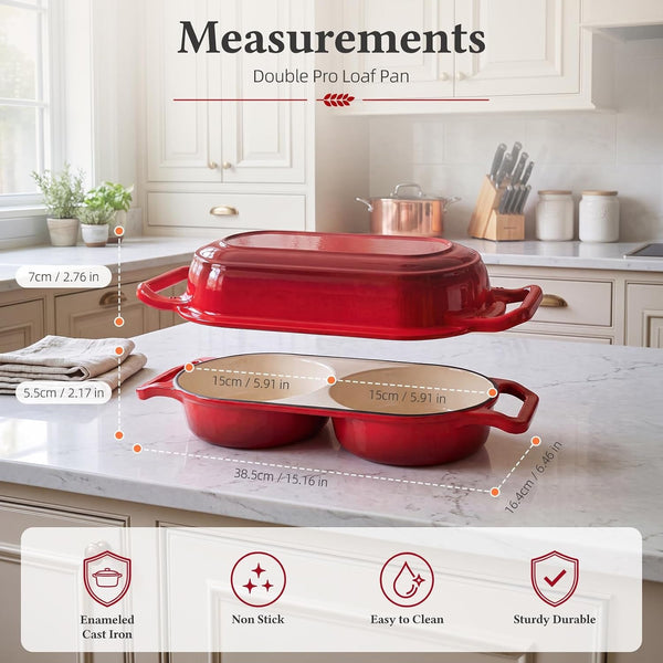 Mini Double Dutch Oven for Sourdough Bread Baking | Enameled Cast Iron, 500°F Oven Safe, 2.2QT Double round Loaf Pan for Homemade Baking, 15.5Cm Diameter, Red4