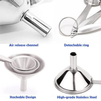 Small Funnels for Filling Bottles, 3 Pcs Stainless Steel Kitchen Funnel Set, Food Grade Mini Metal Funnel for Transferring Oil Liquid, Easy Cleaning with a Brush (Long Handle)3