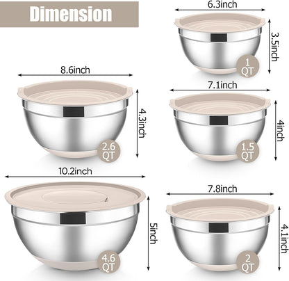 Stainless Steel Mixing Bowls with Lids Set, 5-Piece, Khaki2