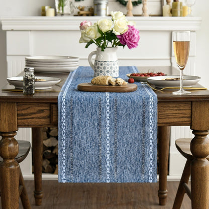 Blue Rustic Cotton Linen Table Runner, Seasonal Embroidered Hollow Kitchen Dining Table Decoration for Home Party Decor 13X72 Inch3