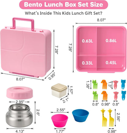 Bento Lunch Box with 9.5 Oz Soup Thermo, Kids Leakproof 4 Compartments Bento Box with Silicone Cupcake,Fruit Fork,Spoon and Sauce Cup,Insulated Food Jar for School Travel-Pink6