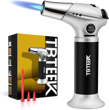 Kitchen Butane Torch with Safety Lock for Baking, Crafts & Steak | 2500°F Adjustable Continuous Flame, One-Button Piezo Ignition, Ergonomic Comfort Grip, 3 Refill Adapters(Butane Not Included)1
