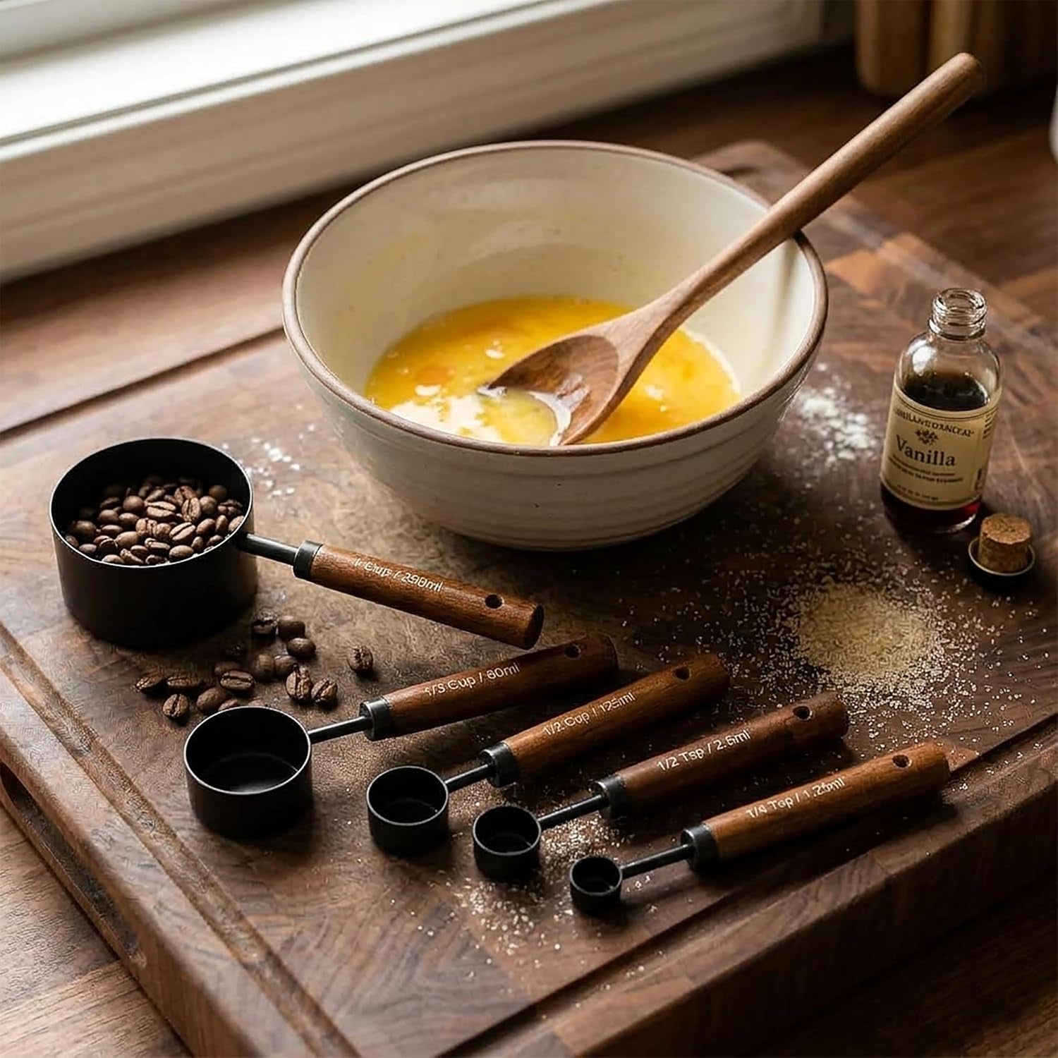 measuring-cups-and-spoons-set-8pcs-stainless-steel-metal-measuring-cups-walnut-wood-handle-black-plated-for-dry-and-liquid-ingredients