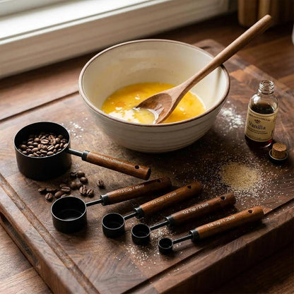Measuring Cups and Spoons Set, 8PCS Stainless Steel Metal Measuring Cups, Walnut Wood Handle, Black Plated, for Dry and Liquid Ingredients9
