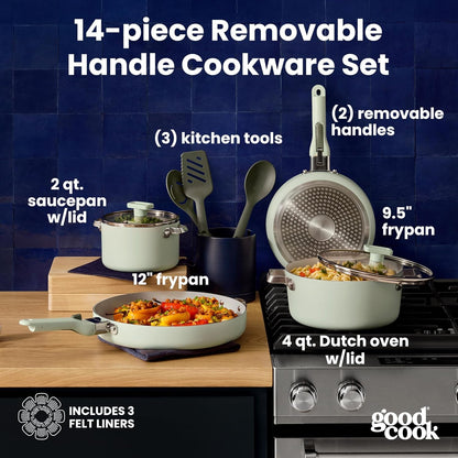 Ceramic Cookware Set with Removable Handles, Sage Green | Set Includes 2-Qt Saucepan, 9.5 & 12-In. Fry Pans, 4-Qt Dutch Oven, 2 Lids & 2 Removable Handles; Induction & Oven Safe2