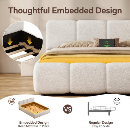 Full Size Cloud Boucle Upholstered Platform Bed Frame W/Usb Ports5