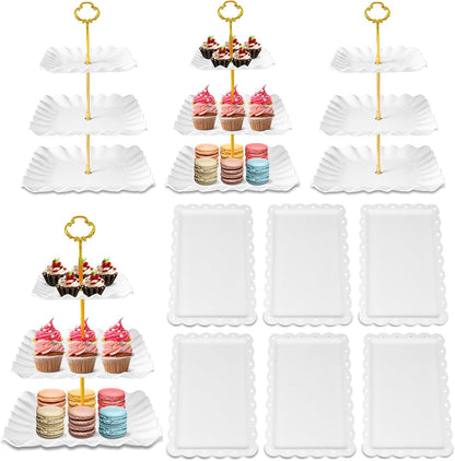 10 Pack Dessert Table Display Set, 4 Three-Tier Square Cupcake Stands and 6 Serving Trays for Cakes, Cupcakes, Pastries and Snacks, Baby Shower Decorations, Bridal Shower, Birthday, Wedding Party1