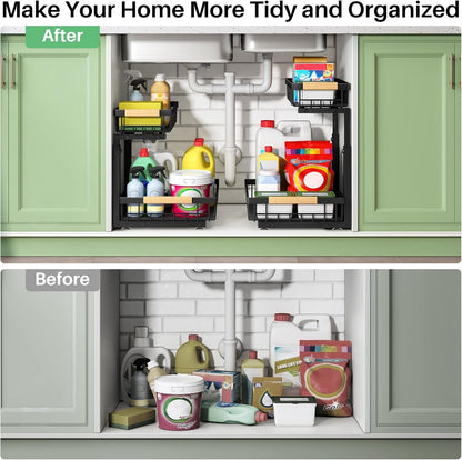 under Sink Organizer, 2 Tier under the Sink Storage, Slide Out Pull Out Cabinet Organizer Shelf, Metal Sliding Drawer for Kitchen Bathroom Pantry Closet Organization Rack, Black, 2 Pack8
