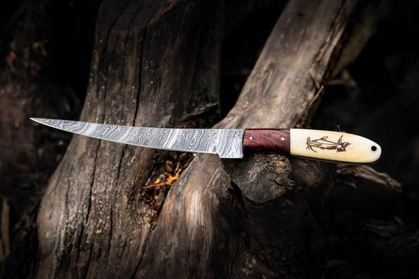 Damascus Fillet Knife - 13" Total Length, 8" Blade, 5" Camel Bone Handle with Engraved Fish Design, Includes Leather Sheath - Handcrafted Precision Knife for Fishing & Culinary Use5