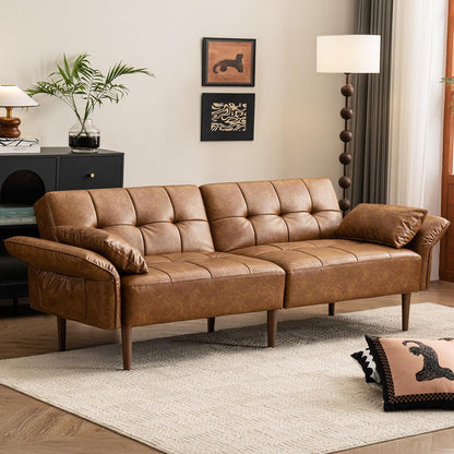 85" Futon Faux Leather Couch with Adjustable Armrests Brown1