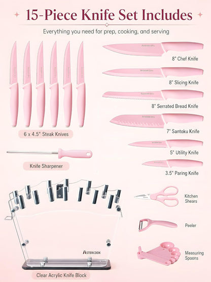 Knife Set with Clear Block and Sharpener 22Pcs Pink | Dishwasher Safe, Space-Saving Clear Knife Block, for Everyday Home Cooking9