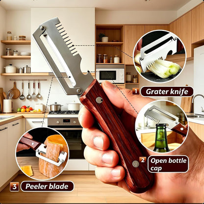 2-Pack Multifunctional Vegetable Peeler, 3 in 1 Kitchen Peeler with Wooden Handle, Grater & Bottle Opener for Potato, Carrot, Apple, Fruit & Vegetable2