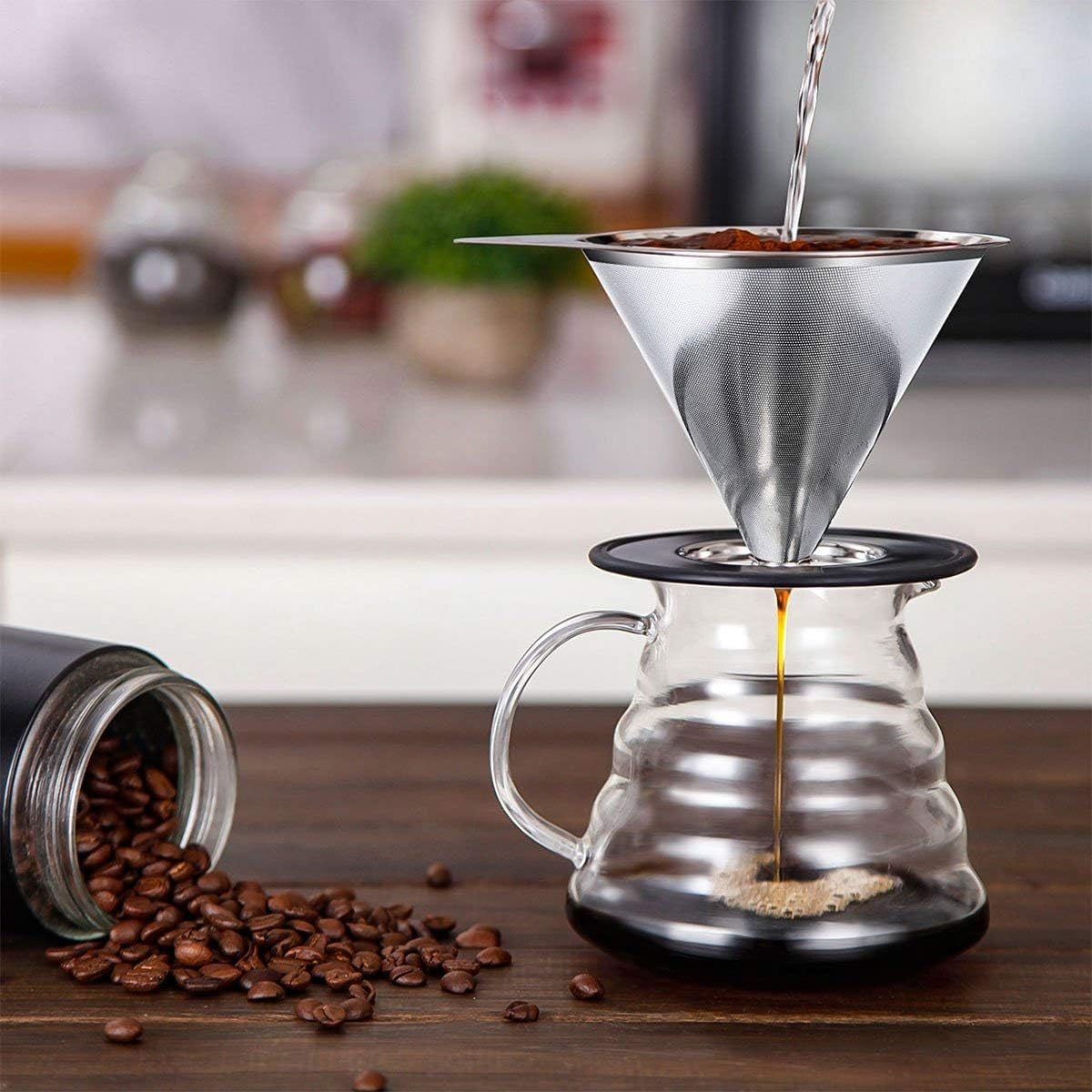pour-over-coffee-dripper-stainless-steel-coffee-filter-metal-cone-filter-paperless-reusable-coffee-filter-single-cup-coffee-maker-1-2-cup-with-non-slip-cup-stand-and-cleaning-brush