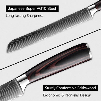 Meat Cleaver, Bread Knife,8 Inch Serrated Knife,Damascus Laser Pattern Steel Bread Knife for Homemade Bread Sharp Edge for Slicing Bread(Red Resin)3