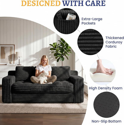 Boneless Couch, Cloud Loveseat Sofa Corduroy Couch in a Box, Upholstered Boneless 3 Seater Couch for Living Room Bedroom Office Apartment, No Assembly Required, Black4