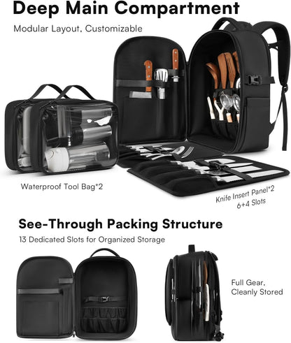 Chef Knife Backpack with Waterproof Pocket, 30+ Pockets for Knives and Tools, Knife Bags for Chefs Professional Culinary Apprentice Private Chefs, Pocket for Tablet Laptop (Knife Not Included)3