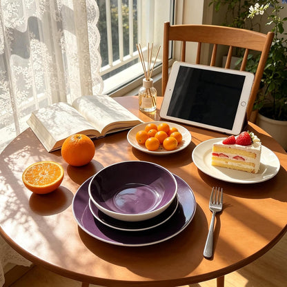 Homevss, Stoneware Coupe Shape 12Pc Dinnerware Set, outside White + inside Purple4