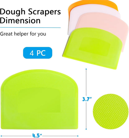 Dough Scraper Bench Scraper for Baking, 4 Pcs BPA Free PE Plastic Flexible Bowl Scraper, Food-Safe Plastic Dough Cutter for Bread Cake Dough Fondant Icing (White, Green, Orange, Pink)5