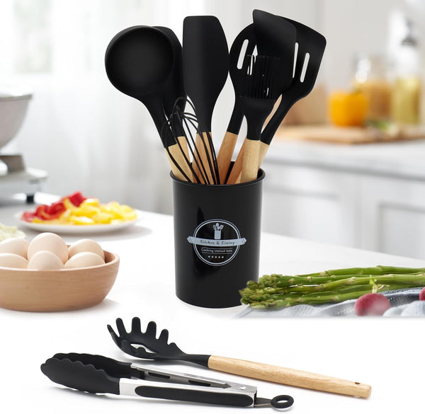 12-Piece Silicone Kitchen Utensils Set with Wooden Handle, Non-Stick & Heat Resistant Cooking Utensils (446°F), Includes Spatula, Spoon, Turner, Tongs, Whisk, Great for Home Cooks-Black5