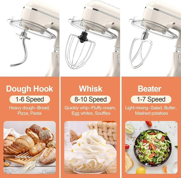 3-IN-1 Electric Stand Mixer, 6.5QT Bowl 660W 10-Speed Kitchen Mixer, Household Food Mixers Include Dough Hook, Beater and Whisk, Bread Cake Mixer for Baking and Most Home Cooks, Almond Cream3
