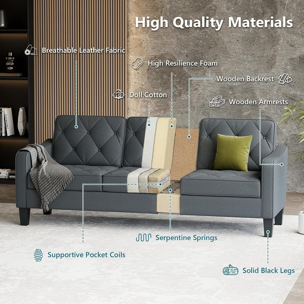 83" Mid Century Modern 3 Seater Couch, Dark Grey Sofa, Tufted (Dark Grey)7