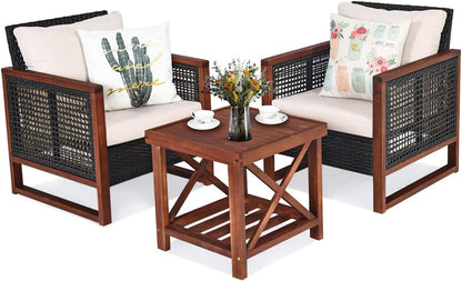3 Pieces Patio Wicker Furniture Set, Rattan Outdoor Sofa Set W/Washable Cushion & Acacia Wood Coffee Table, Conversation Bistro Set for Garden Balcony Backyard (Beige)1